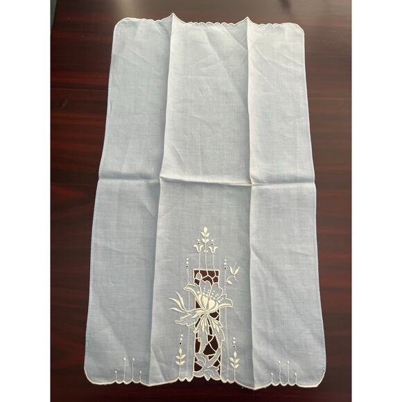 VTG Floral Iris Embroidered Eyelet Tea Towels Pink Blue Linen Blend Spring - Picture 2 of 7